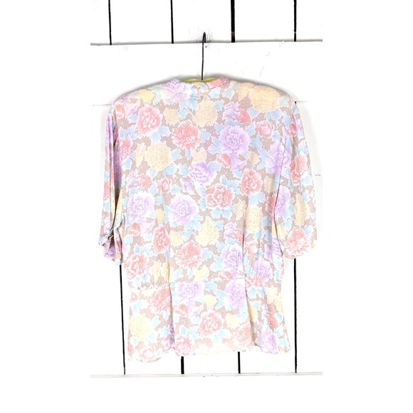 Vintage pastel pink floral short sleeve wrap peplum blouse - Picture 4 of 5